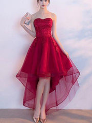 Beautiful Prom Dresses, Asymmetrical Sweetheart Lace Burgundy Prom Dresses,PD4558741