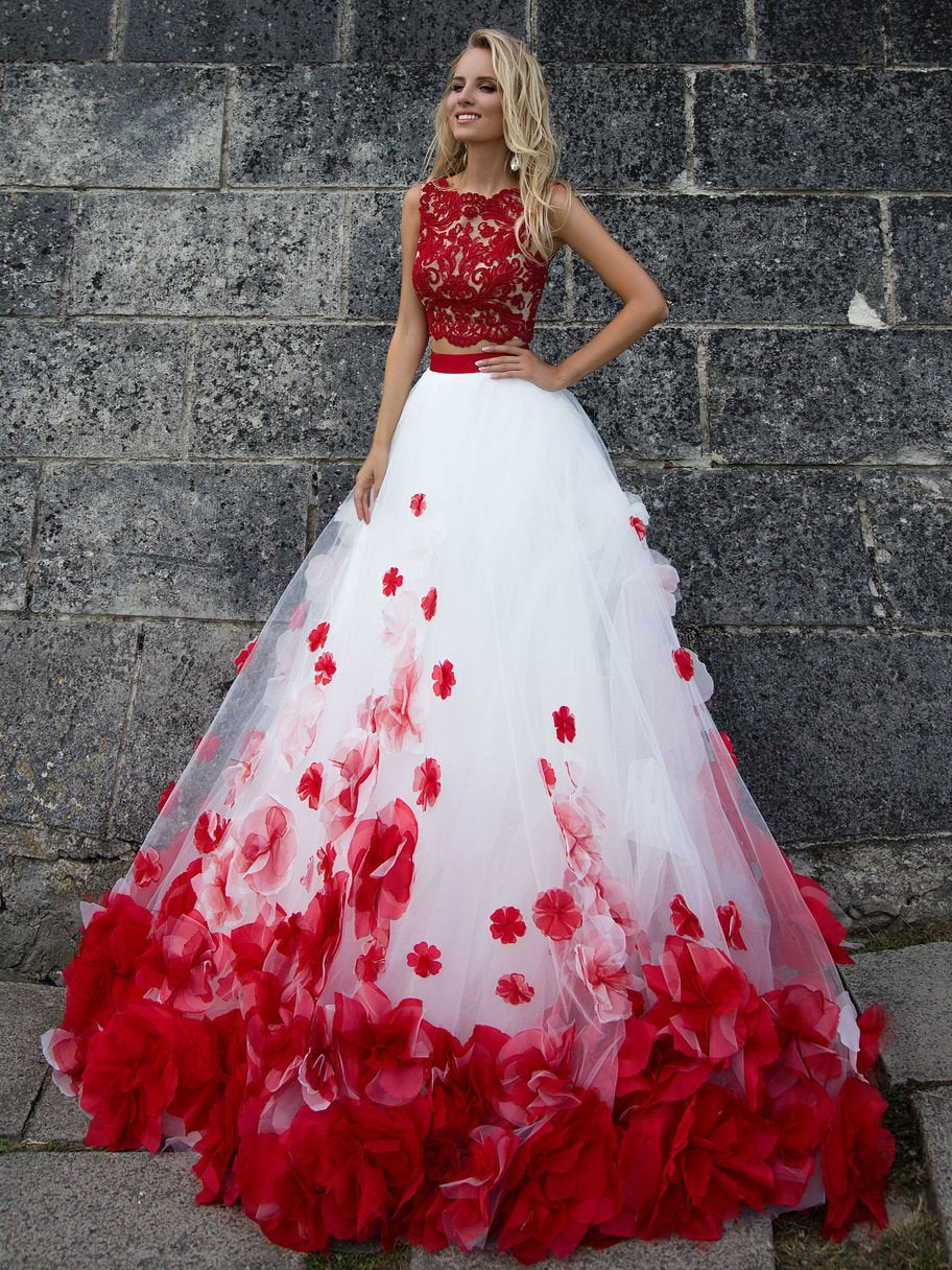 Two Pieces Wedding Dresses, White and Red Bridal Gown,PD4558709