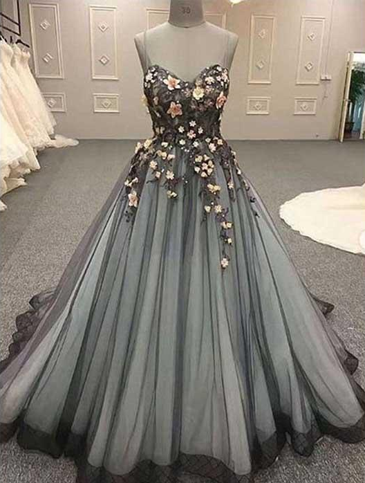 sweetheart black tulle with flower appliques long A-line prom dress,HO105