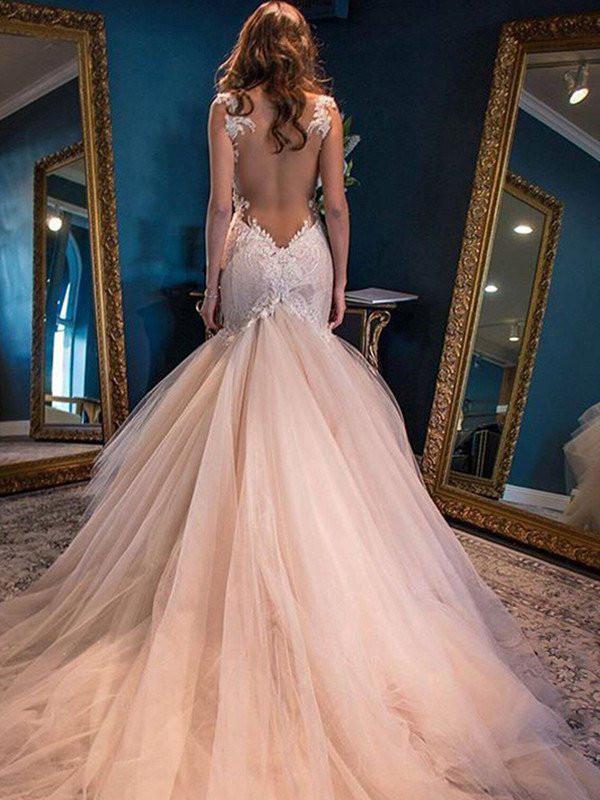 SheathColumn Scoop Sweep,Brush Train Tulle Prom Dresses, Evening Dress,PD4558728