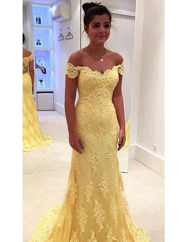 Sexy Off-the-shoulder Long Prom Dresses, Short Yellow Prom Dresses,PD4558718