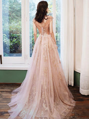 Aline round neck tulle pink long prom dresses, pink formal party graduation dress with sequin beading,BD22202