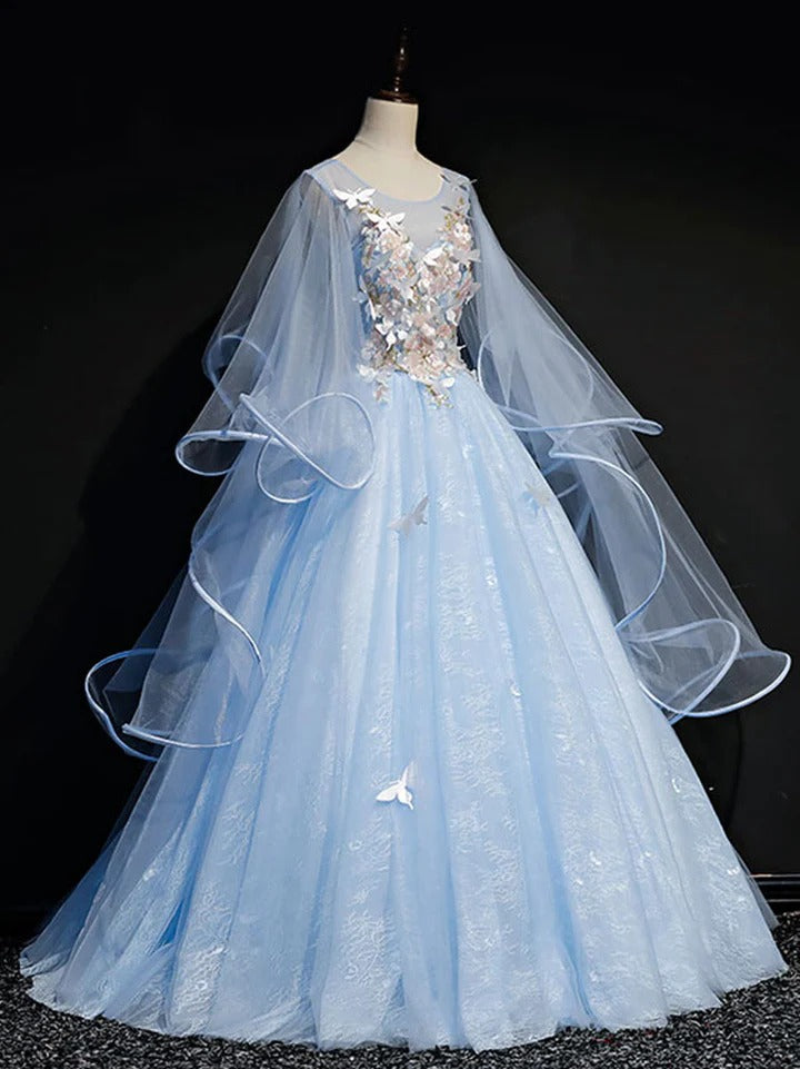 Blue round tulle lace long prom gown, blue sweet 16 dress,BD22252