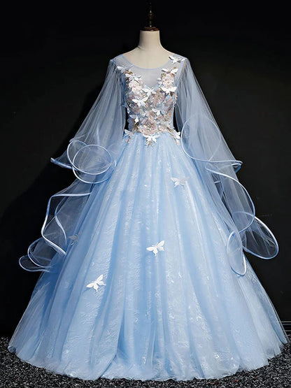 Blue round tulle lace long prom gown, blue sweet 16 dress,BD22252