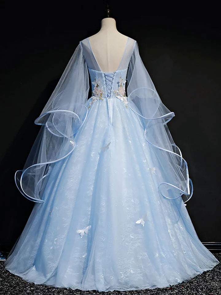 Blue round tulle lace long prom gown, blue sweet 16 dress,BD22252