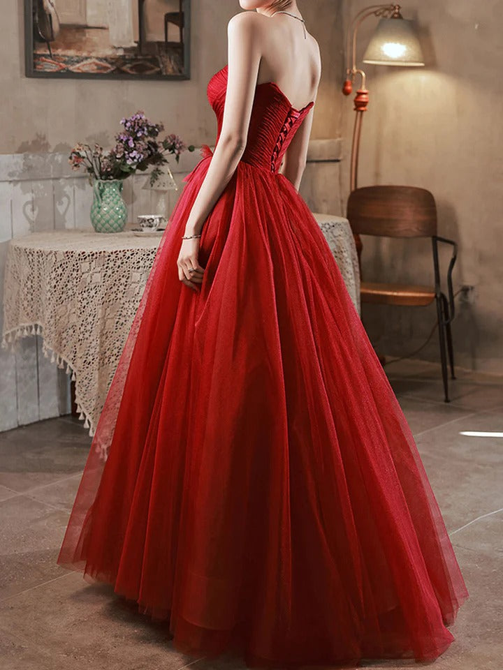 Burgundy Aline tulle long prom dress, burgundy tulle formal dress,BD22256