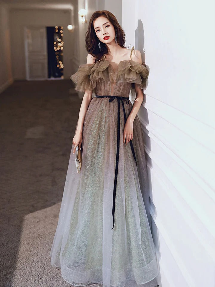 Unique tulle sequin green long prom dress, green tulle formal dress,BD22264