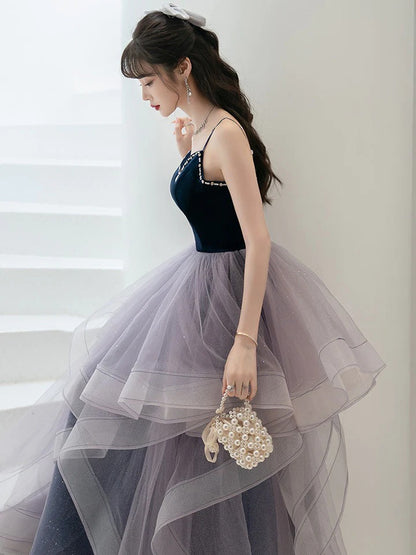 Purple A line tulle prom dress, purple long formal evening dress,BD22244