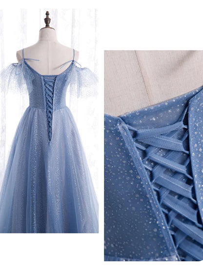 Blue v neck tulle sequin long prom dress, blue A line evening dress,BD22262