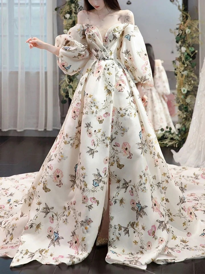 Unique puff sleeves satin long prom dress, puff satin long formal party dress,BD22207