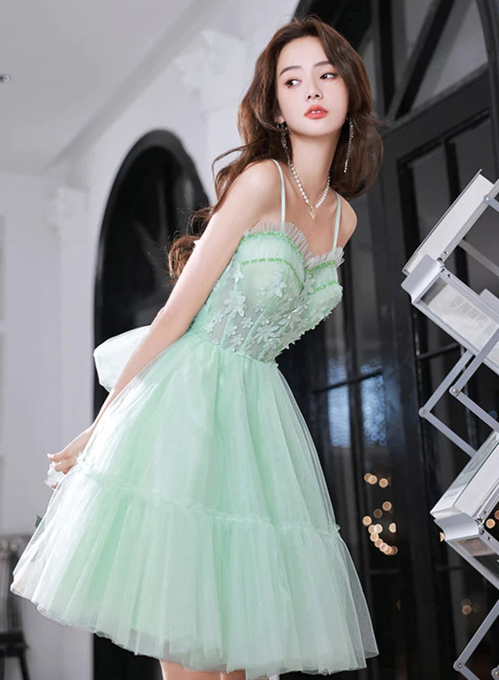 Green sweetheart neck tulle lace short prom dress, green homecoming dress,BD22222