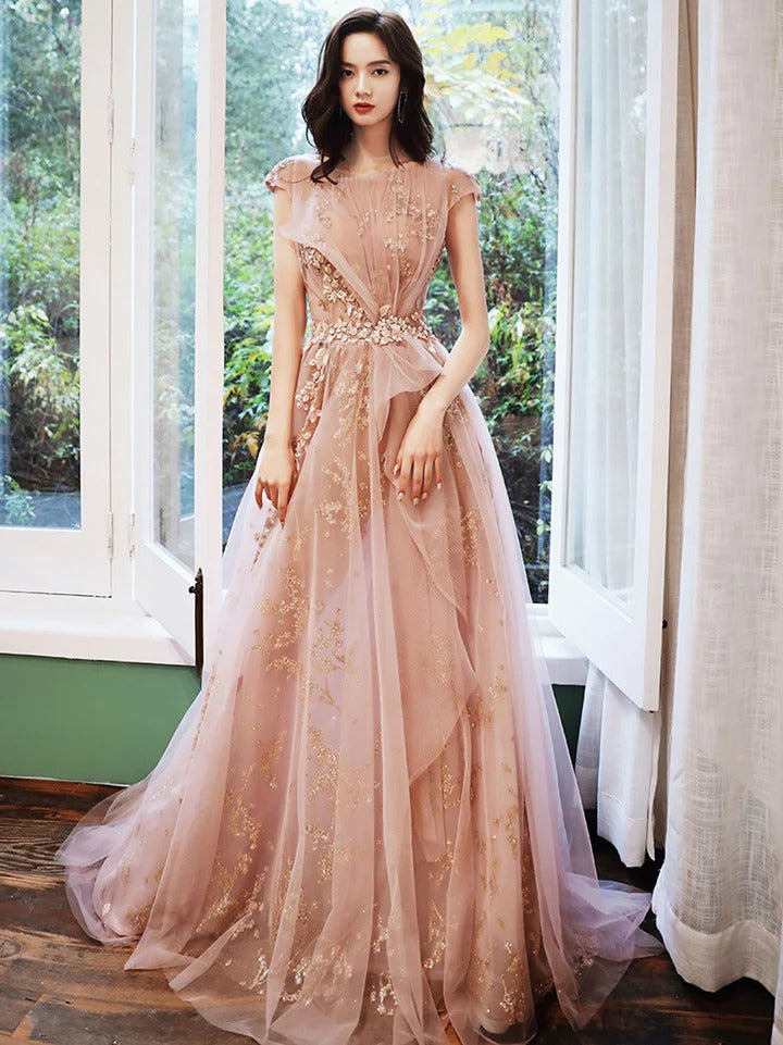 Aline round neck tulle pink long prom dresses, pink formal party graduation dress with sequin beading,BD22202