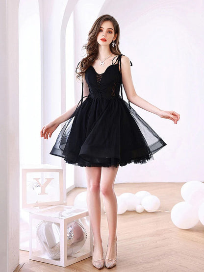 Black v neck tulle short prom dress, black homecoming dress,BD22258