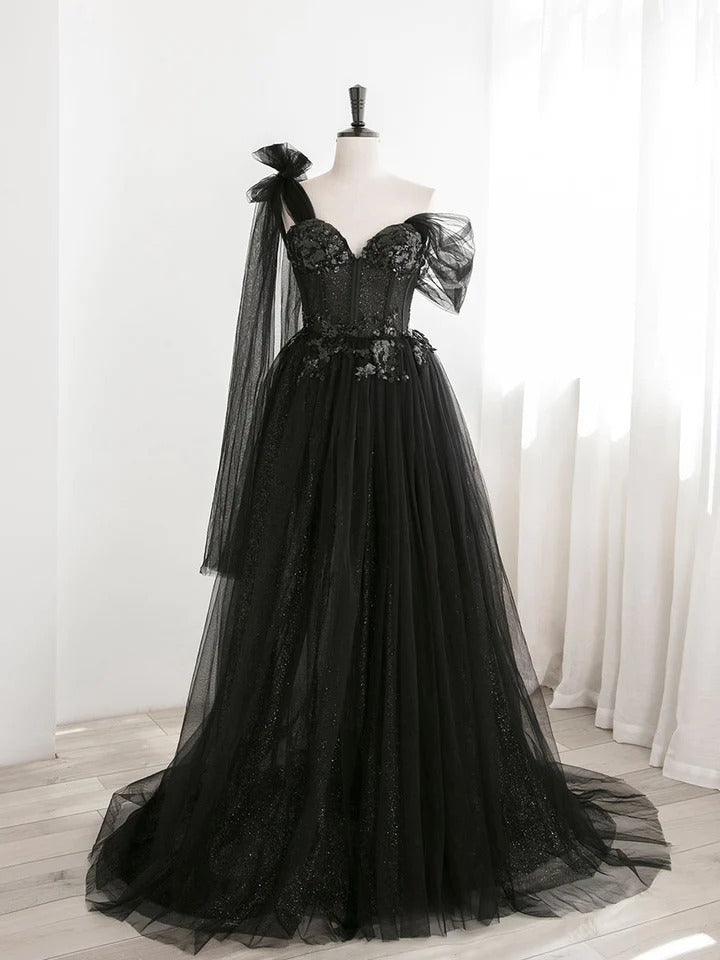 Black one shoulder tulle sequin long prom dress, black evening dress,BD22259