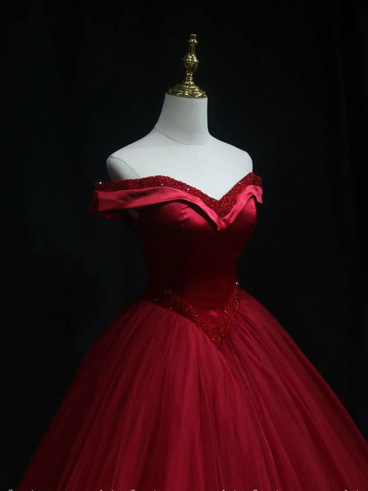 Burgundy off shoulder tulle beads long prom dress, burgundy formal dress,BD22213