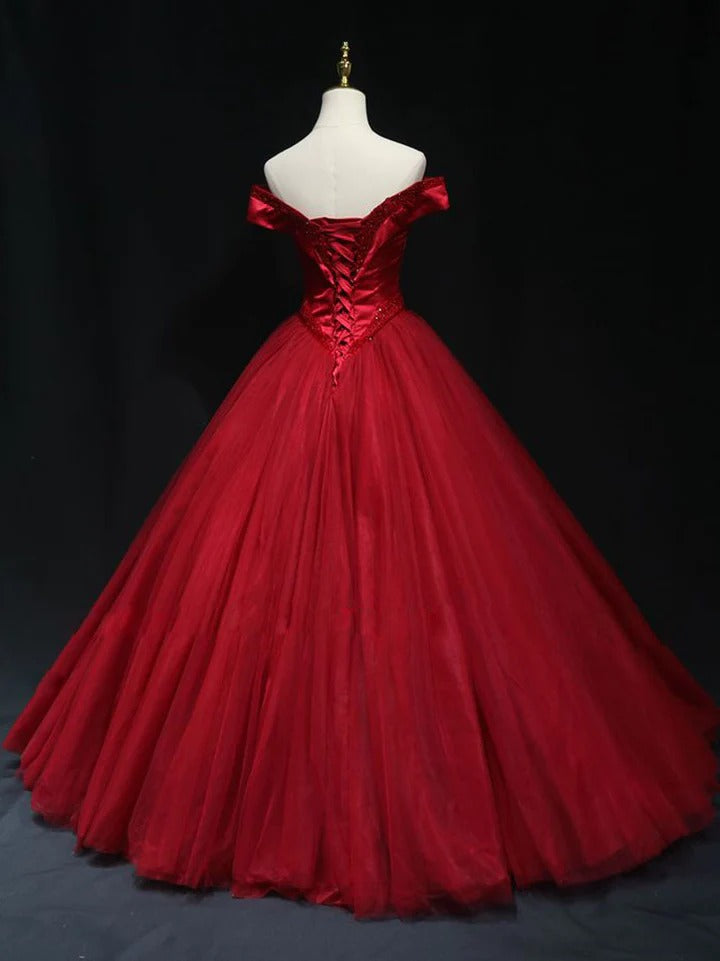 Burgundy off shoulder tulle beads long prom dress, burgundy formal dress,BD22213