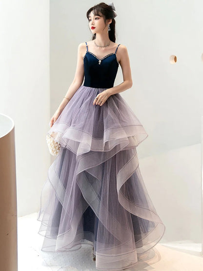 Purple A line tulle prom dress, purple long formal evening dress,BD22244