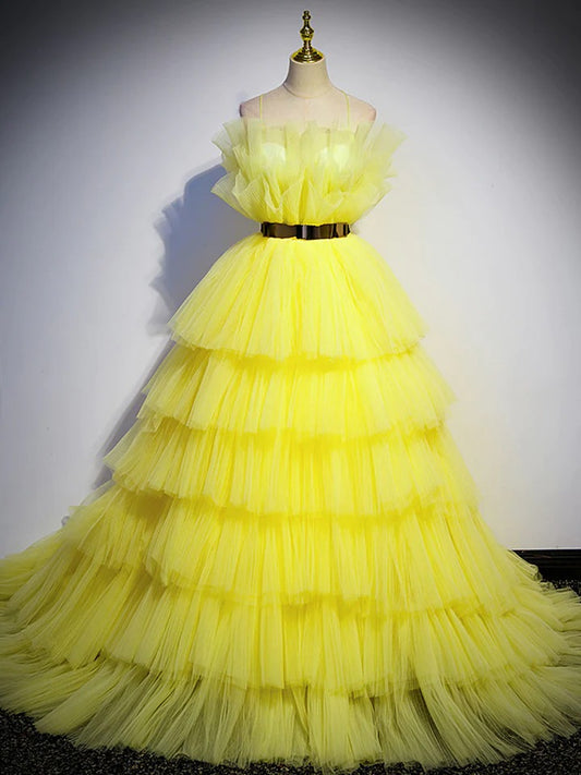 Yellow tulle long prom dress, yellow tulle formal evening dress,BD22239