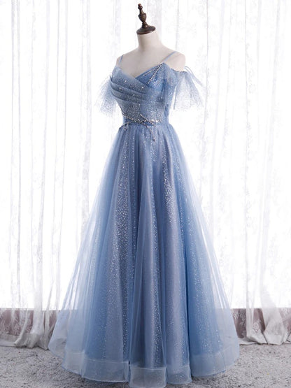 Blue v neck tulle sequin long prom dress, blue A line evening dress,BD22262