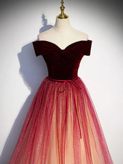 Burgundy A line tulle long prom dress burgundy formal dress,BD22210