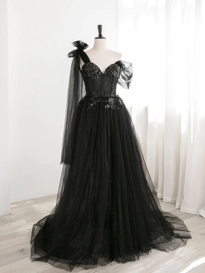 Black one shoulder tulle sequin long prom dress, black evening dress,BD22259