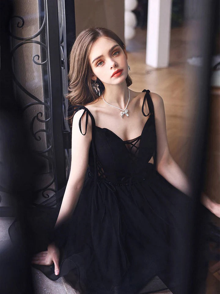 Black v neck tulle short prom dress, black homecoming dress,BD22258