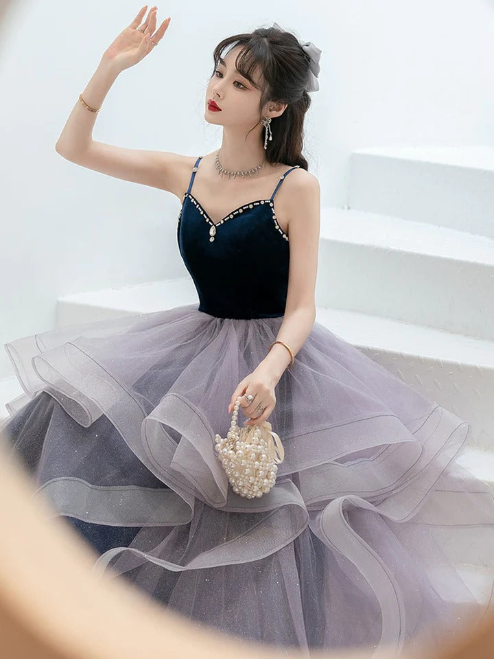 Purple A line tulle prom dress, purple long formal evening dress,BD22244