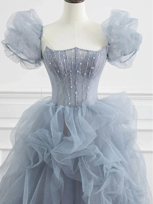 Gray blue tulle long prom dress gray blue tulle formal dress,BD22225