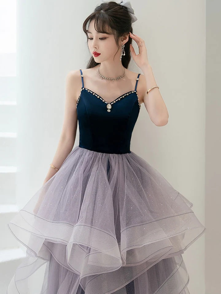 Purple A line tulle prom dress, purple long formal evening dress,BD22244