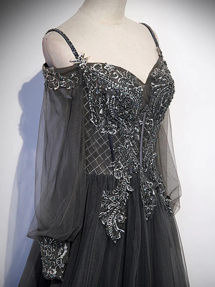 Dark grey Aline tulle lace long prom dress, grey evening dress,BD22242