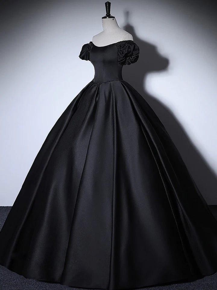 Black satin puff sleeves long prom dress black evening dress,BD22211