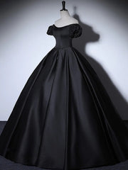 Black satin puff sleeves long prom dress black evening dress,BD22211