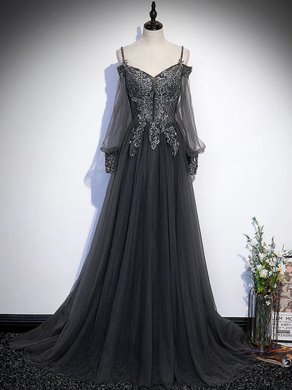 Dark grey Aline tulle lace long prom dress, grey evening dress,BD22242