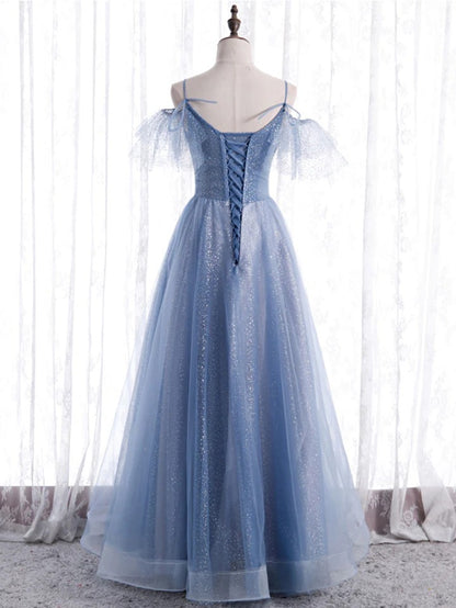 Blue v neck tulle sequin long prom dress, blue A line evening dress,BD22262