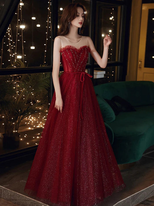 A line round neck tulle sequin burgundy prom dress, burgundy evening dress,BD22243