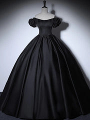 Black satin puff sleeves long prom dress black evening dress,BD22211