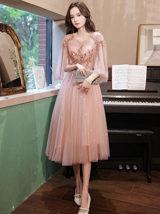 A line pink tulle beads short prom dress pink formal evening dress,BD22250