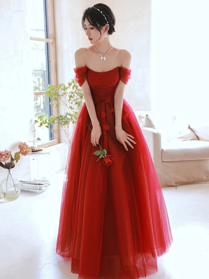 Burgundy Aline tulle long prom dress, burgundy tulle formal dress,BD22256