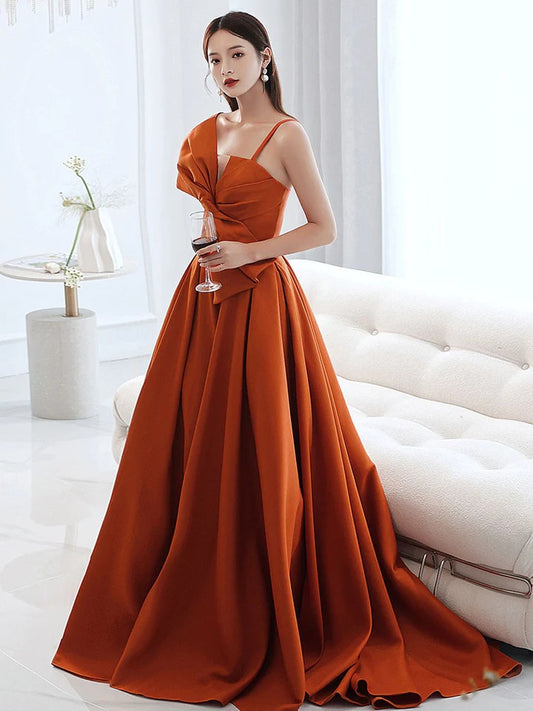 Simple A line satin orange long prom dress, orange evening dress,BD22247