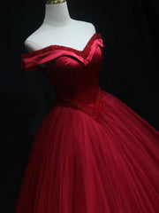 Burgundy off shoulder tulle beads long prom dress, burgundy formal dress,BD22213