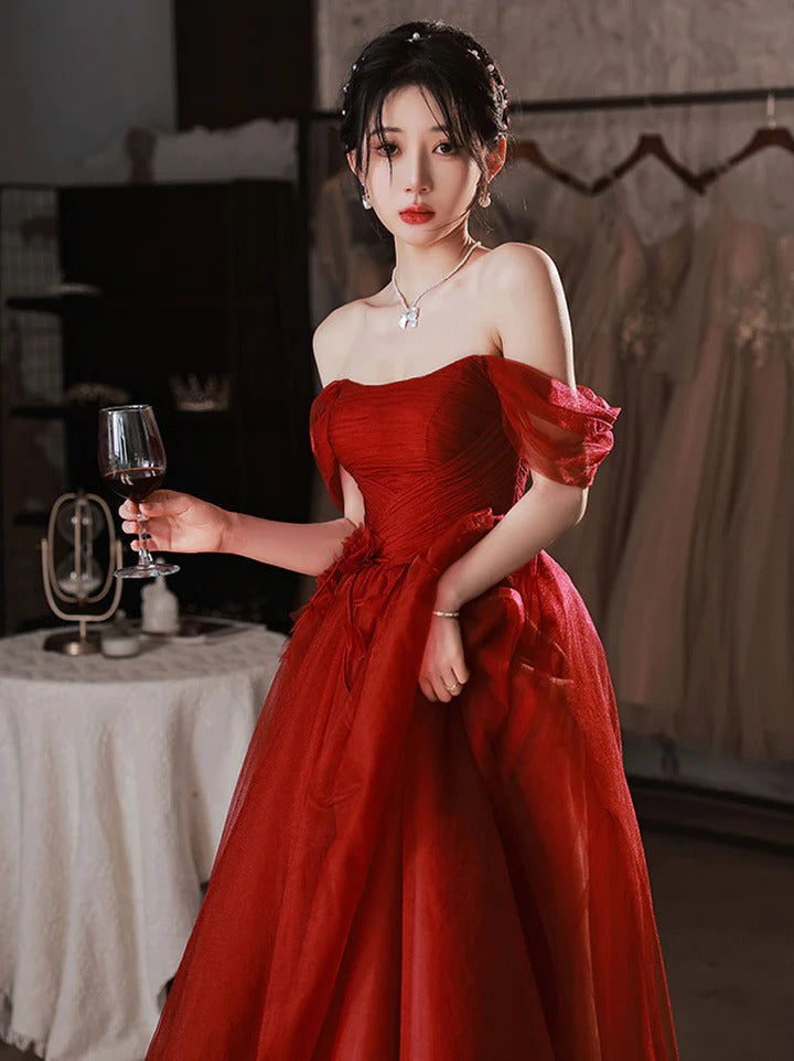 A line burgundy long prom dress off shoulder tulle long party dress,BD22251