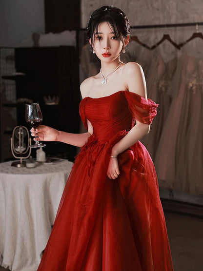 Burgundy Aline tulle long prom dress, burgundy tulle formal dress,BD22256