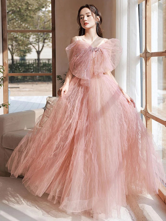 Pink tulle long prom dress pink tulle sequin long evening dress,BD22240