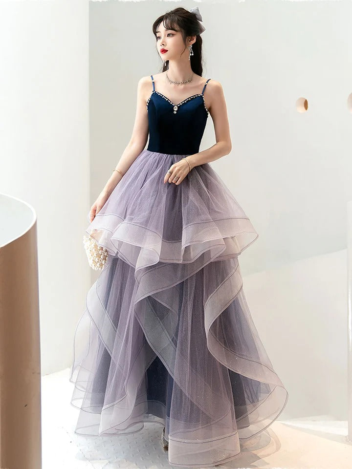 Purple A line tulle prom dress, purple long formal evening dress,BD22244