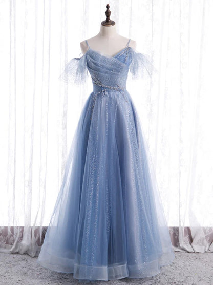 Blue v neck tulle sequin long prom dress, blue A line evening dress,BD22262