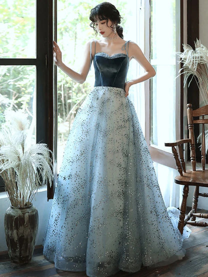 Blue A line tulle sequin long prom dress blue tulle formal evening dress,BD22249