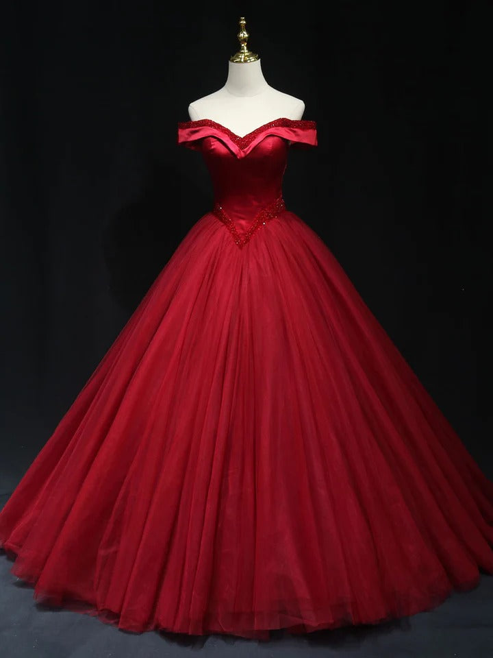 Burgundy off shoulder tulle beads long prom dress, burgundy formal dress,BD22213