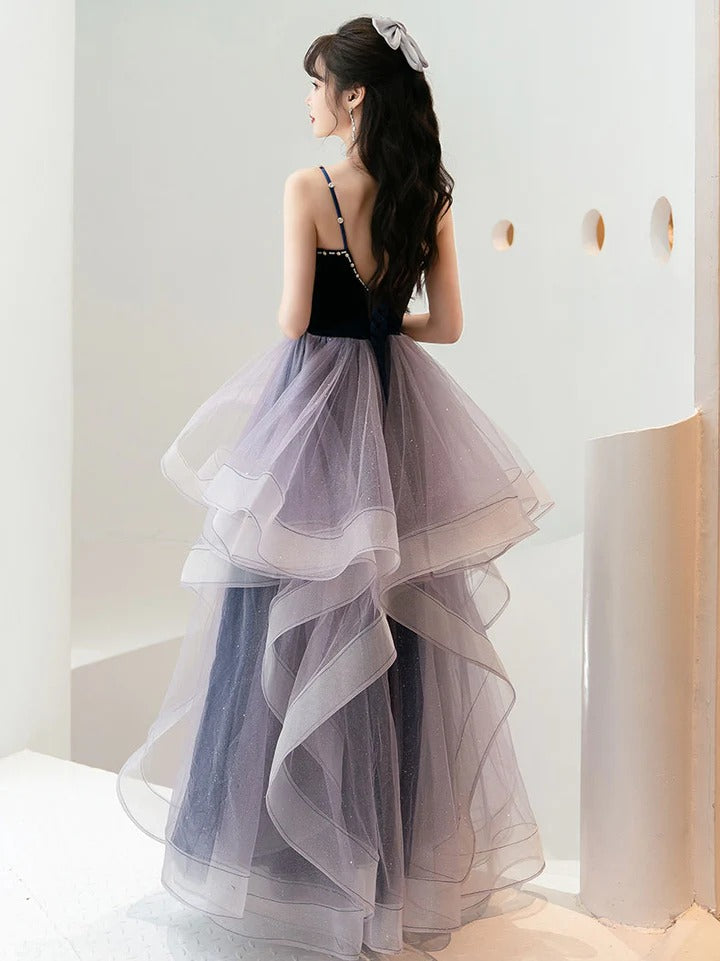 Purple A line tulle prom dress, purple long formal evening dress,BD22244