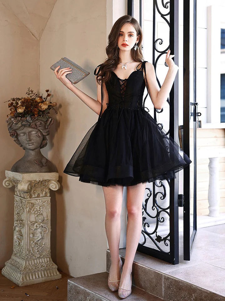 Black v neck tulle short prom dress, black homecoming dress,BD22258