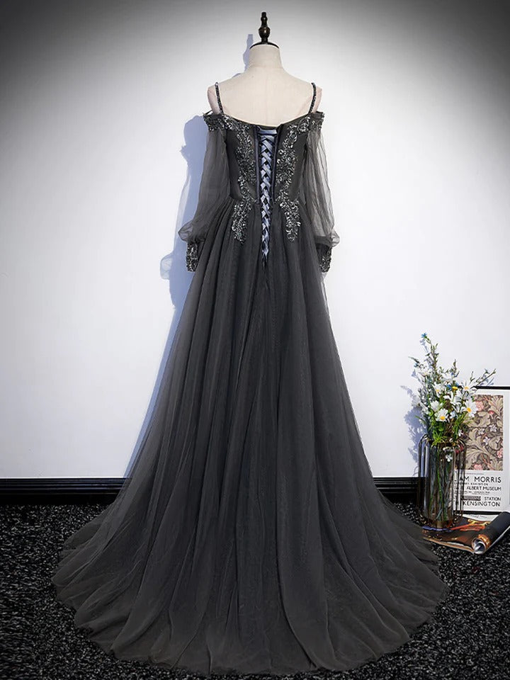 Dark grey Aline tulle lace long prom dress, grey evening dress,BD22242